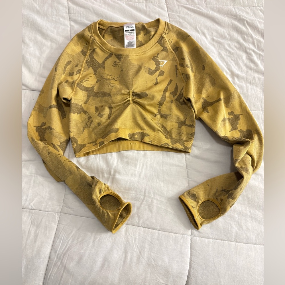Gym Shark Yellow Camouflage Crop Top with Ruched Front